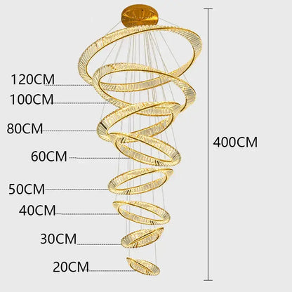 Golden spiral decorbites crystal chandelier with concentric rings and embedded led lights for living room lighting