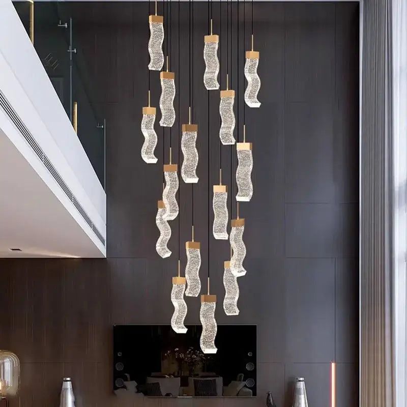 Modern decorbites crystal chandelier pendant lamp with clear textured glass and gold-toned wooden caps for living room lighting