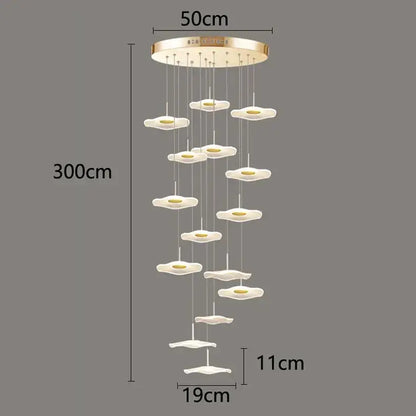 DecorBites crystal chandelier stair pendant light with gold circular top and white petal-shaped fixtures for living rooms