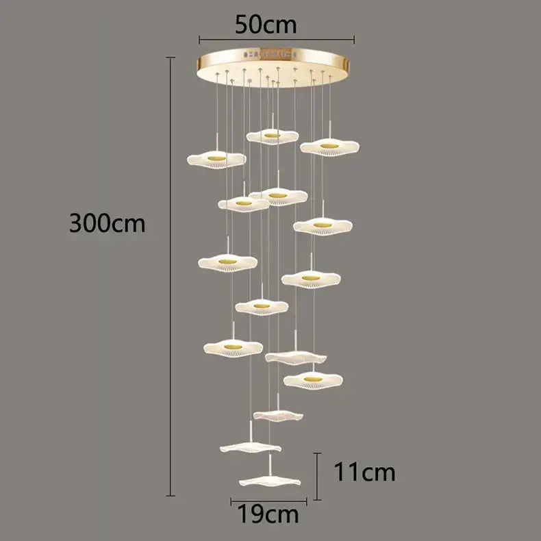 DecorBites crystal chandelier stair pendant light with gold circular top and white petal-shaped fixtures for living rooms