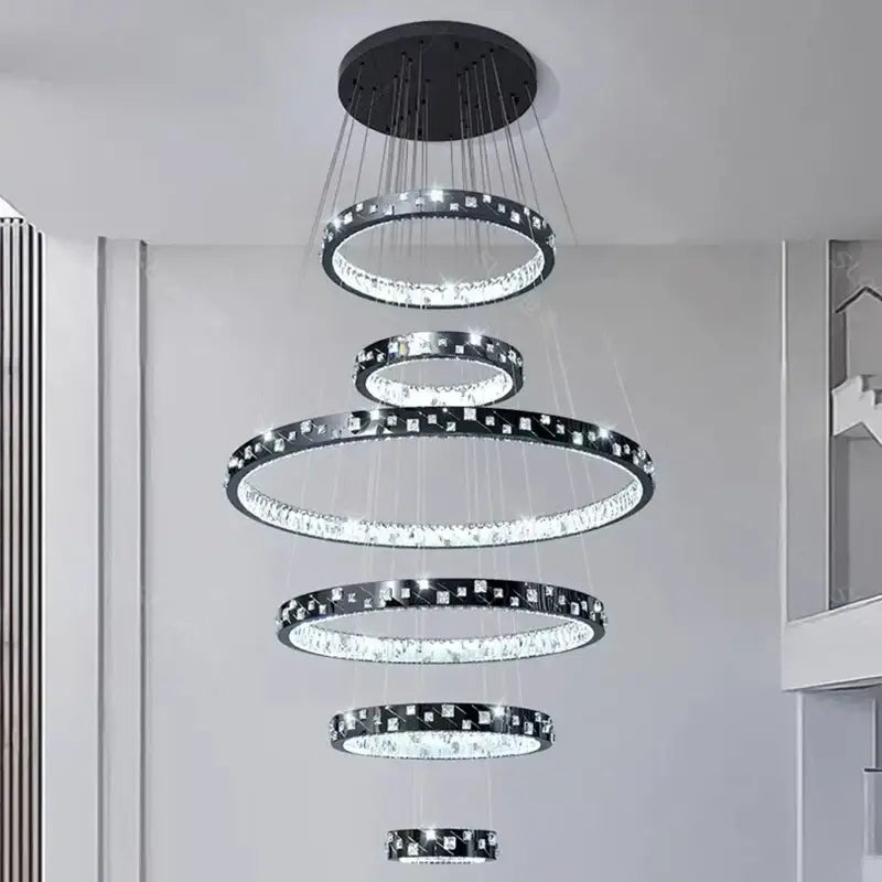 Modern black and clear crystal decorbites crystal chandelier with concentric rings for crystal chandelier stair pendant use
