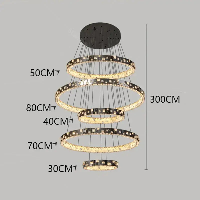 DecorBites crystal chandelier stair pendant lamp with black metal frame, LED rings, and crystal accents for living room lighting