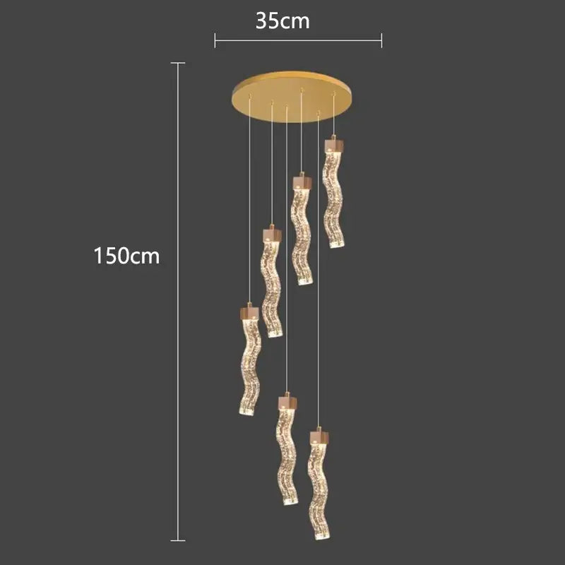 Gold-toned decorbites crystal chandelier pendant lamp with five curved crystal-encrusted glass arms for interior lighting