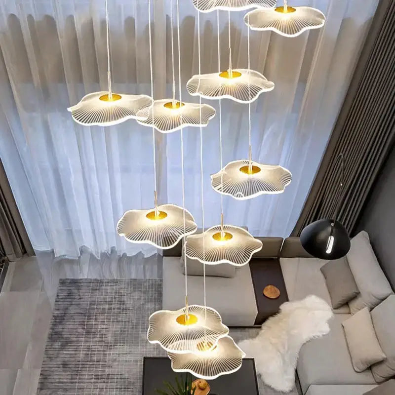 Modern white petal-shaped decorbites crystal chandelier stair pendant light with gold centers and delicate wireframe detailing