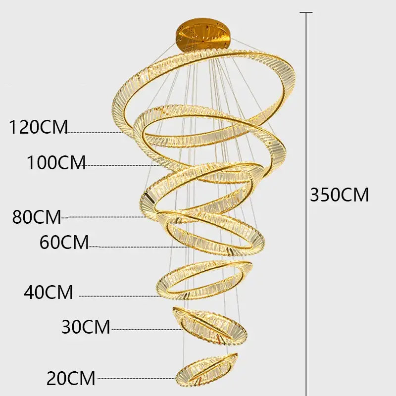 Golden spiral decorbites crystal chandelier with glowing rings and crystal accents for living room pendant lighting