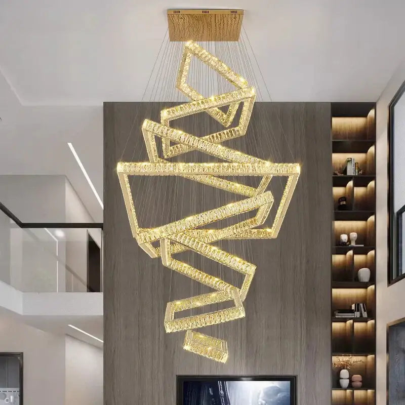 Golden crystal chandelier with modern geometric interlocking frames from DecorBites crystal chandelier stair pendant lamp