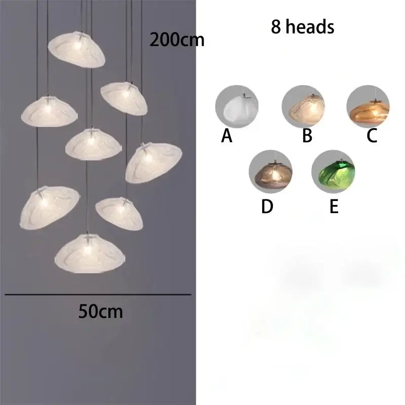 White shell-shaped DecorBites crystal chandelier stair pendant lamp with eight illuminated heads for modern living rooms