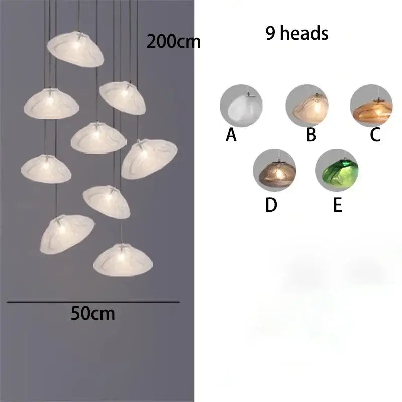 Modern white shell-shaped DecorBites crystal chandelier stair pendant lamp with nine illuminated heads for living room lighting