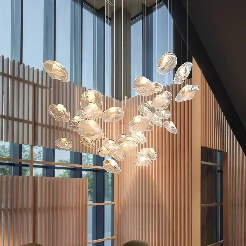 A decorbites crystal chandelier stair pendant lamp with translucent glass orbs suspended by thin wires for modern lighting