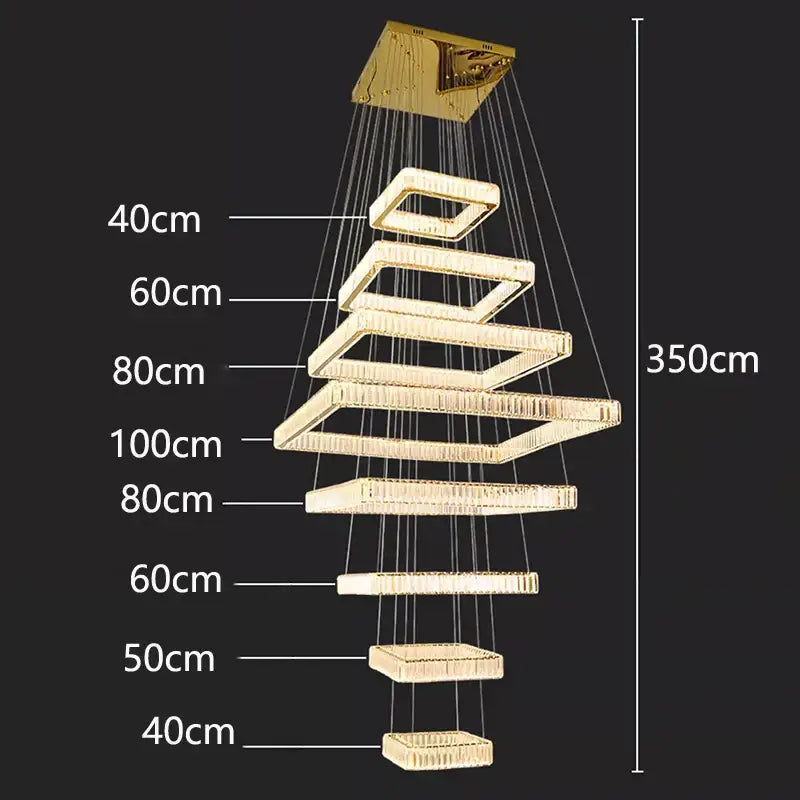 Golden tiered decorbites crystal chandelier pendant light with rectangular crystal fixtures in a spiral for stair lighting