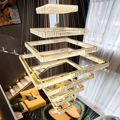 DecorBites crystal chandelier pendant light with cascading rectangular crystal frames and gold-toned accents for stair lighting