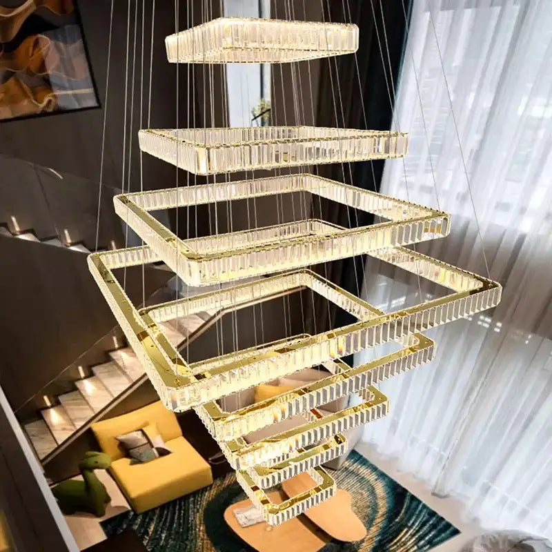 DecorBites crystal chandelier pendant light with cascading rectangular crystal frames and gold-toned accents for stair lighting
