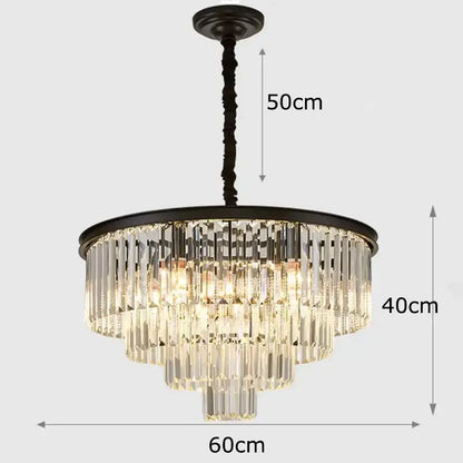 A tiered decorbites crystal chandelier stair pendant light with dark bronze finish and cascading clear glass prisms