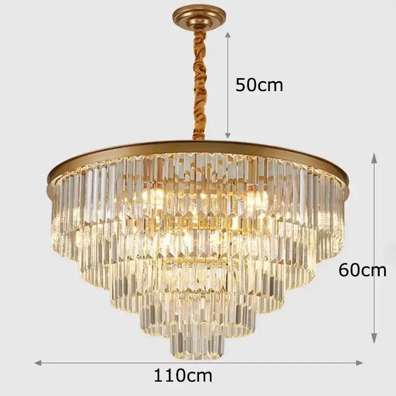 Decorbites crystal chandelier pendant light with gold-finished frame and cascading clear glass rods for modern stair lighting