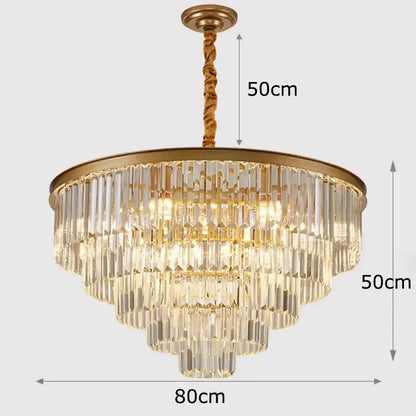 DecorBites crystal chandelier stair pendant light with gold metal frame and cascading clear glass rods for modern decor