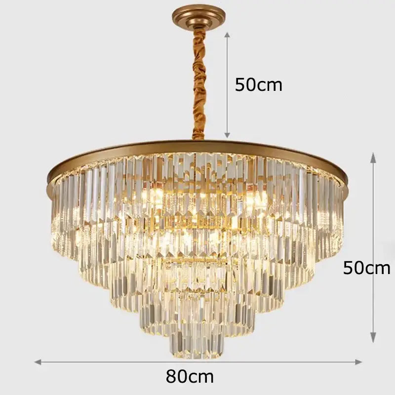 DecorBites crystal chandelier stair pendant light with gold metal frame and cascading clear glass rods for modern decor