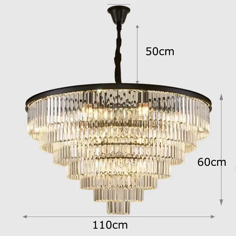 A decorbites crystal chandelier pendant light with black metal frame and cascading clear glass prisms for stair lighting
