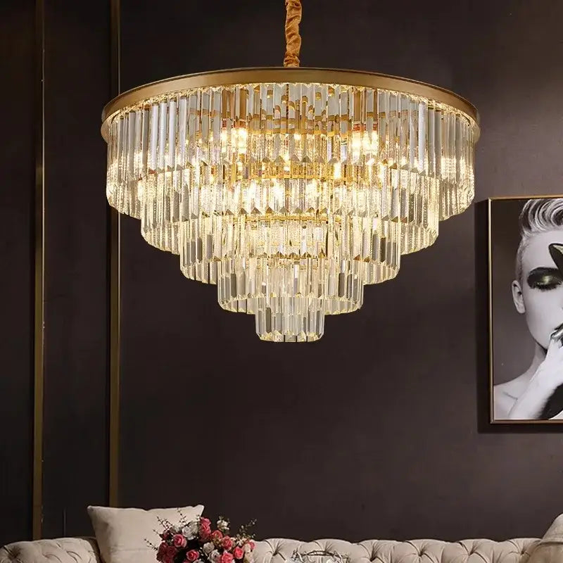 Decorbites crystal chandelier stair pendant light with gold frame and cascading clear glass rods for modern decor