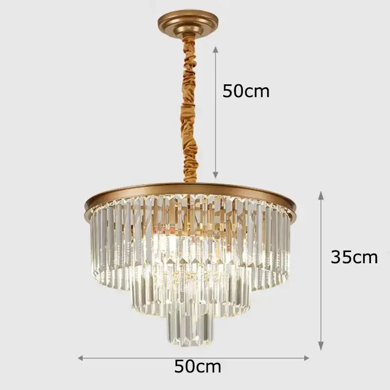 Gold-toned DecorBites crystal chandelier stair pendant light with cascading clear crystal rods and twisted fabric cord