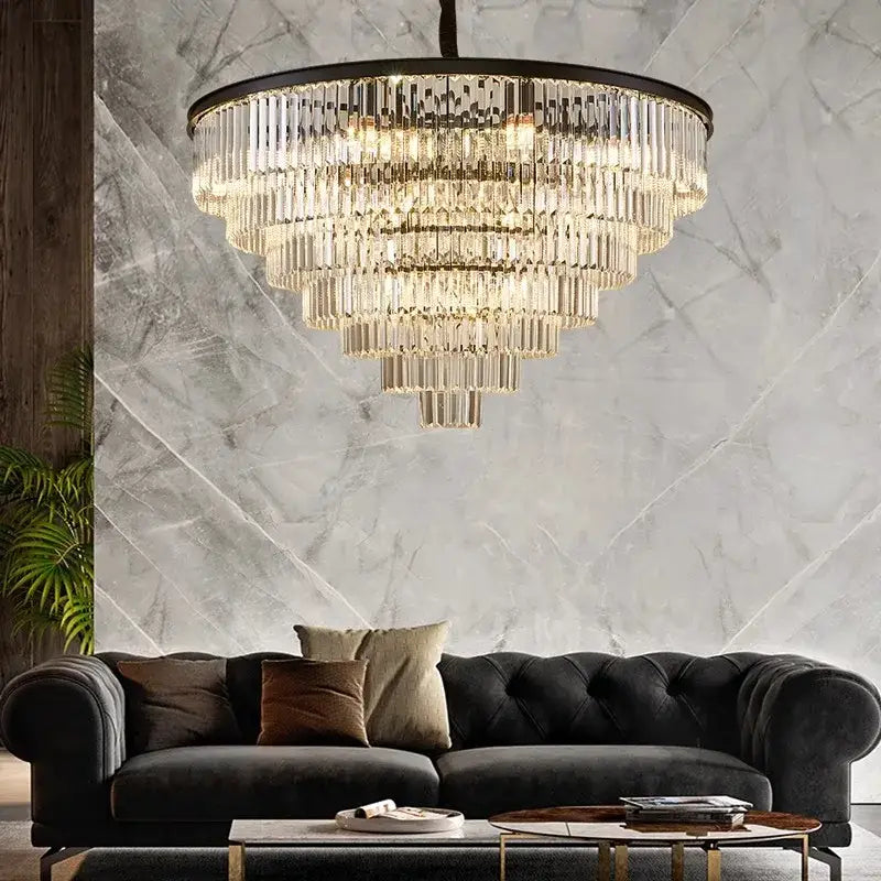 DecorBites crystal chandelier stair pendant light with black metal frame and cascading clear glass prisms for modern decor