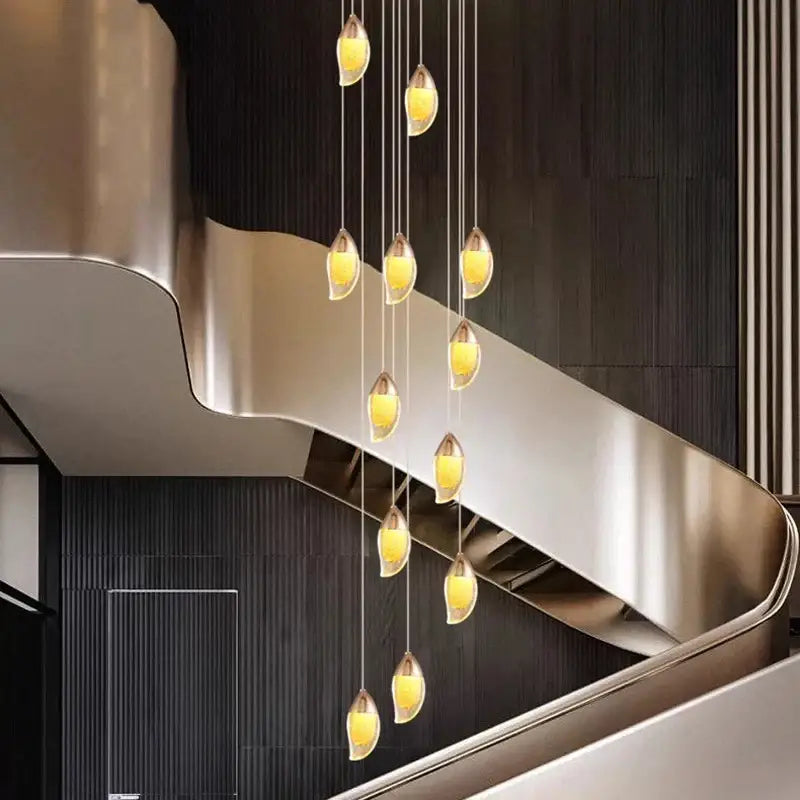 Modern decorbites crystal chandelier with warm yellow glass shades and polished metallic rods for living room lighting