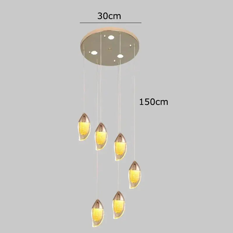 Modern pendant decorbites crystal chandelier with five amber glass teardrop shades for living room lighting