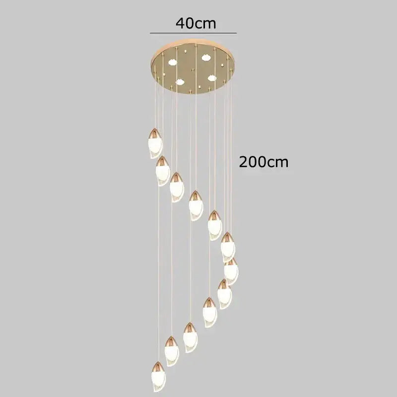 A modern gold-toned decorbites crystal chandelier with teardrop glass lights for living room stair lighting