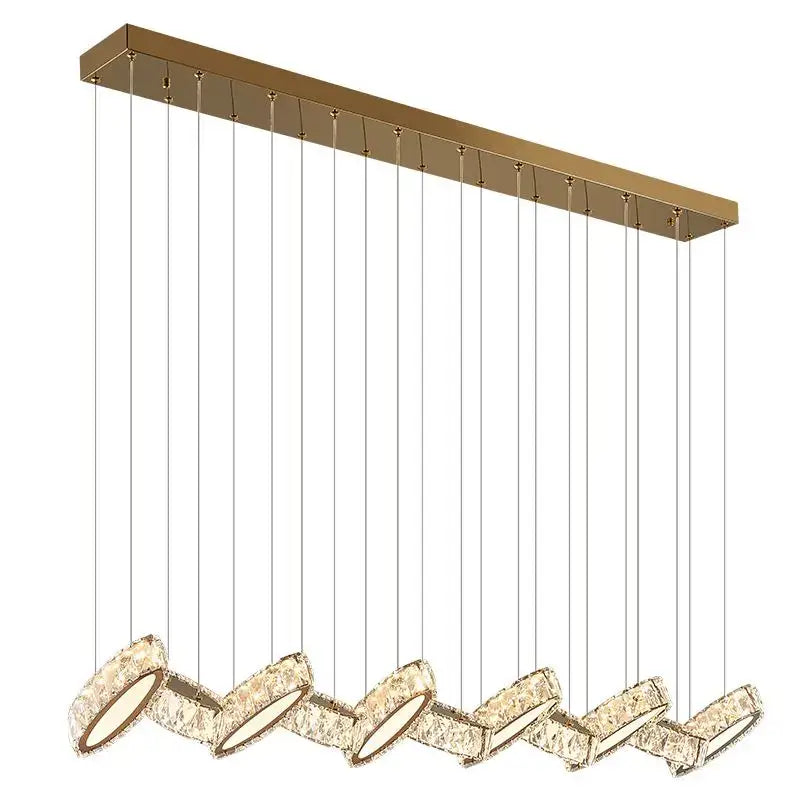 Gold-toned decorbites crystal chandelier with rectangular ceiling fixture and crystal-encrusted circular lights for living room
