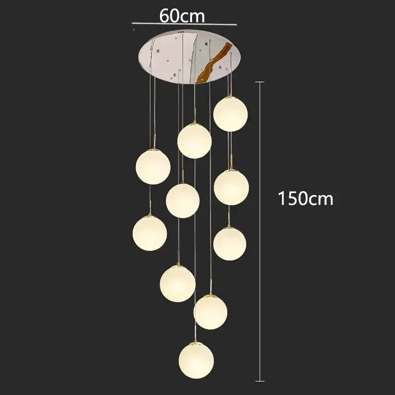 Decorbites crystal chandelier pendant light with nine frosted glass spheres and chrome fixture for stair lighting