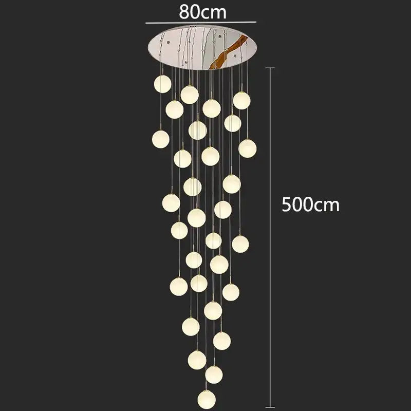 DecorBites crystal chandelier pendant light featuring 30 frosted glass spheres and marble-effect ceiling plate for stairs