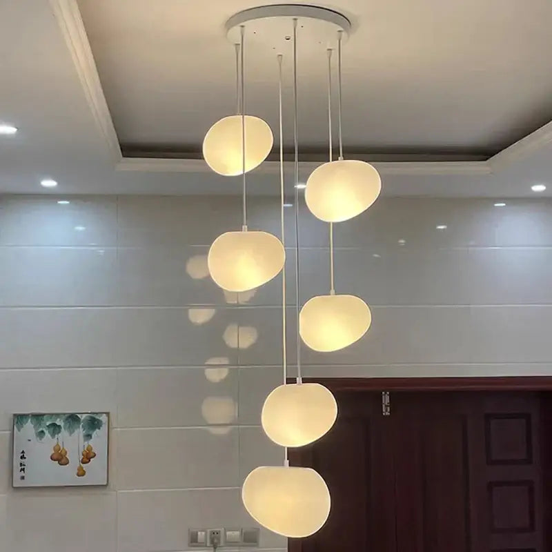 Modern decorbites crystal chandelier pendant light with five off-white glowing shades for stair or living room lighting