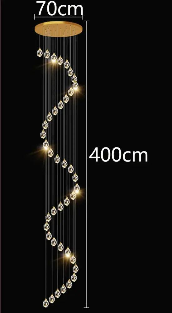 A 400cm tall gold-toned decorbites crystal chandelier pendant light with spiral clear teardrop crystals for modern interiors