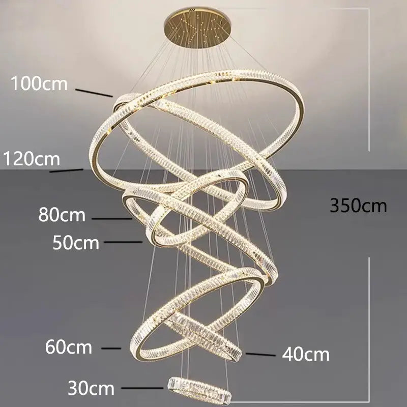 DecorBites crystal chandelier with interlocking gold-toned rings and clear crystals for stair pendant lighting