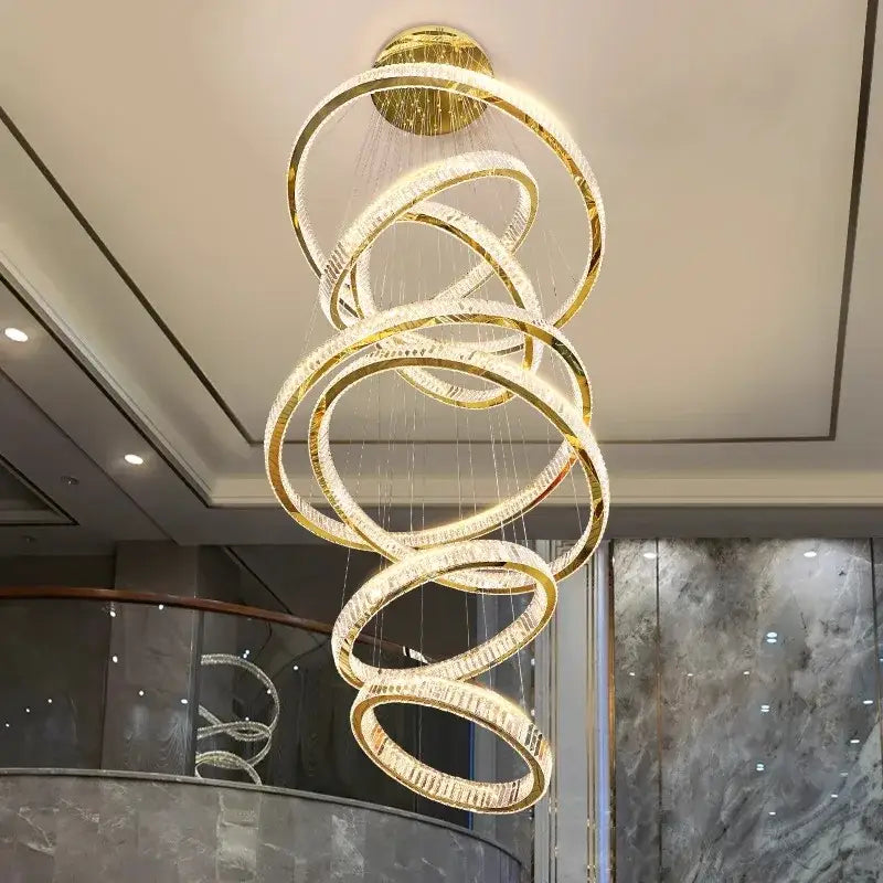 Decorbites crystal chandelier with golden spiral and crystal-encrusted rings chandelier stair pendant for living room