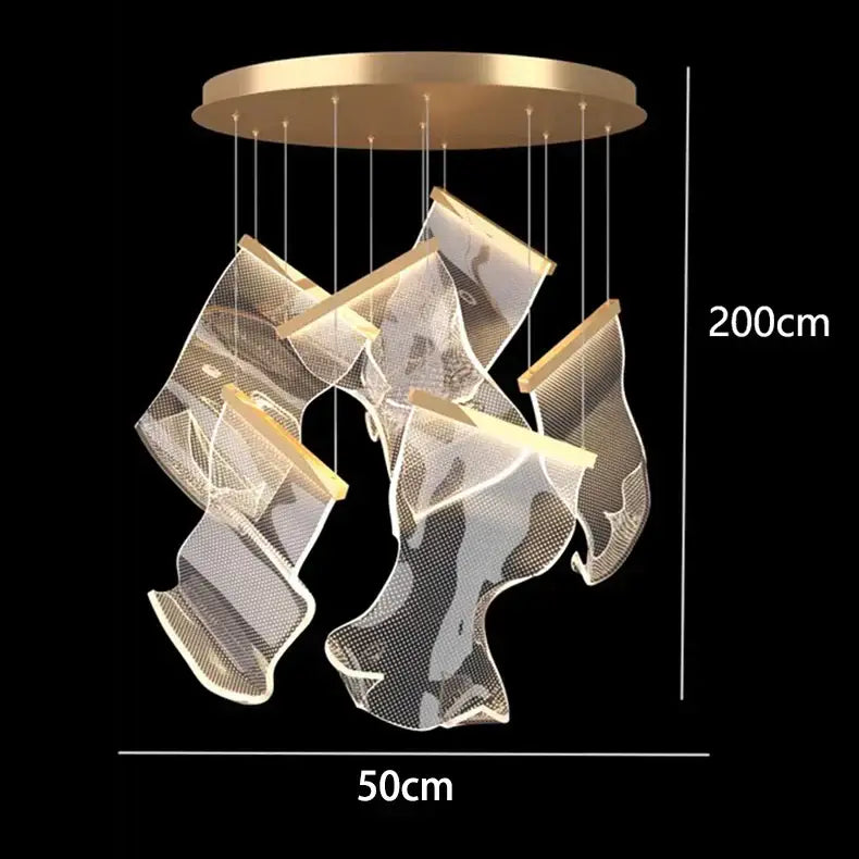 Gold-toned DecorBites crystal chandelier pendant light with translucent mesh fabric shades for modern stair lighting