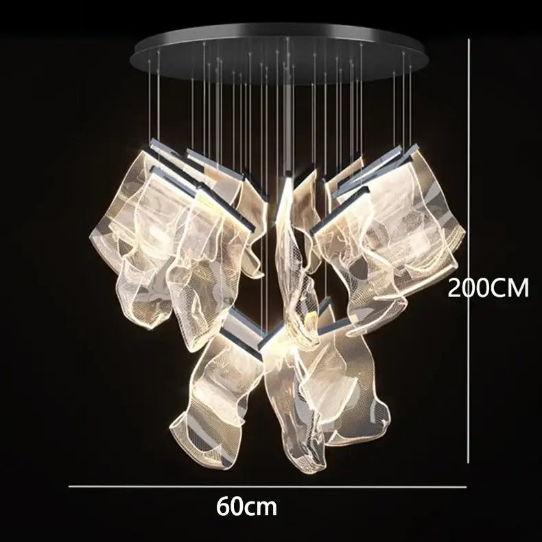 DecorBites crystal chandelier pendant light with translucent glass panels and black circular base for stair lighting
