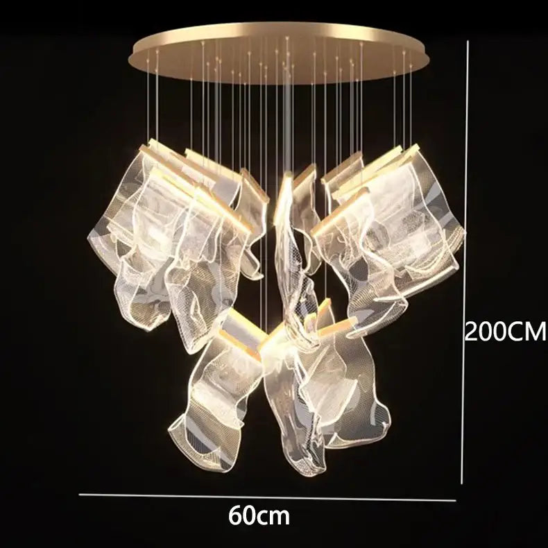 Decorbites crystal chandelier pendant light with gold base and translucent mesh panels for modern stair lighting