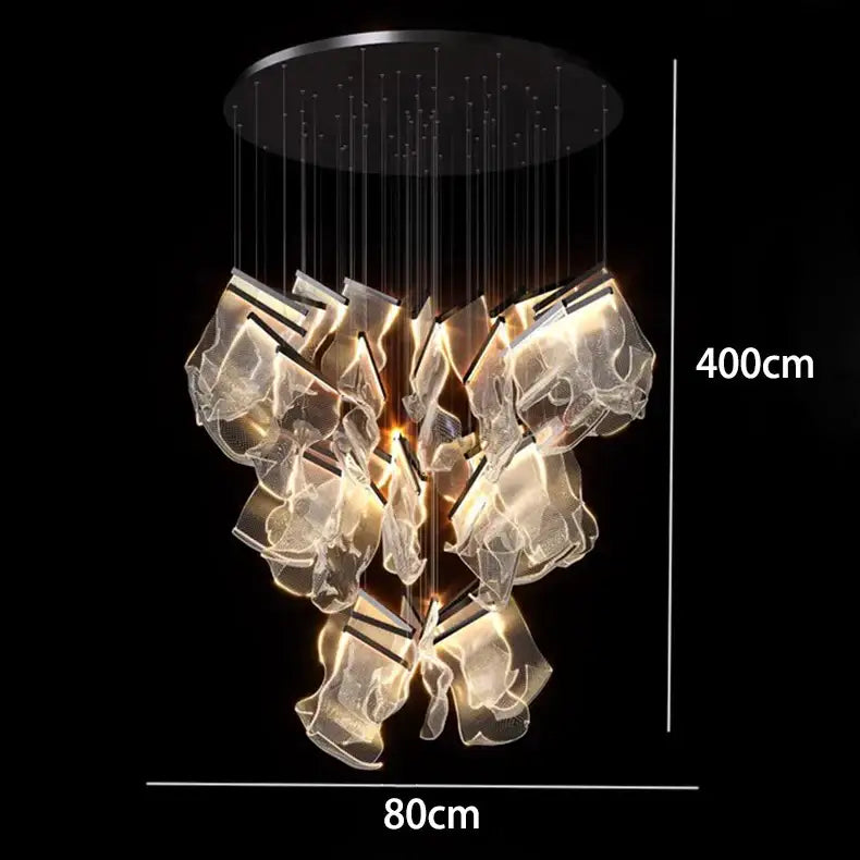 DecorBites crystal chandelier pendant light with translucent glass pieces cascading from black ceiling mount for stairs