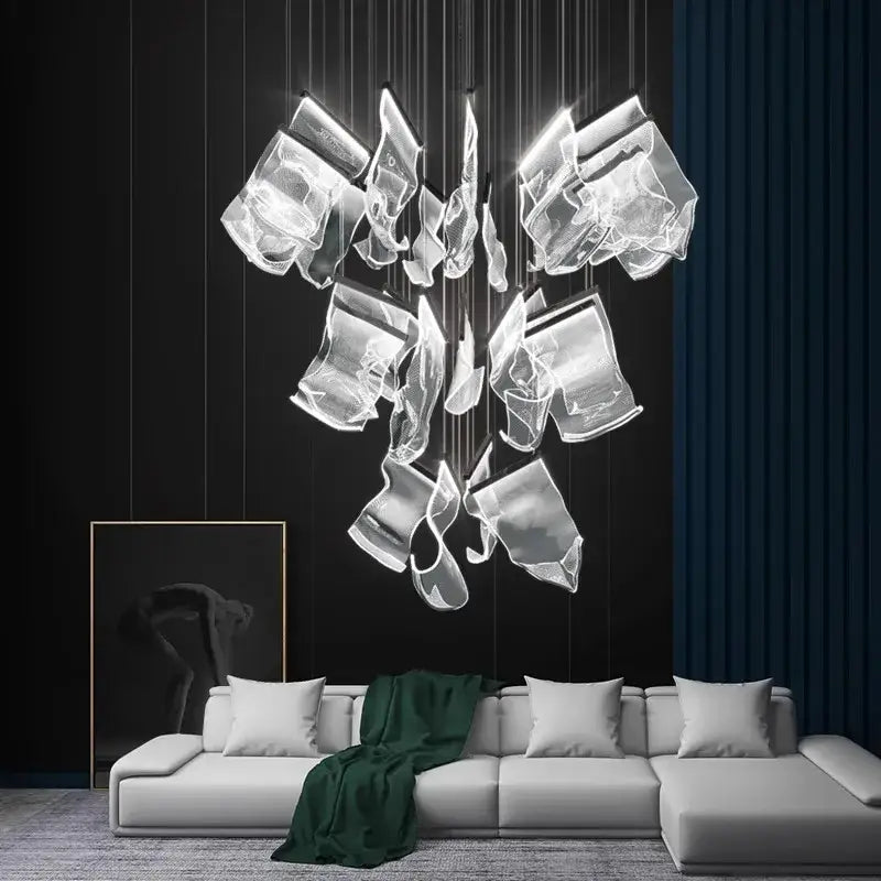 Modern transparent glass decorbites crystal chandelier stair pendant light with irregular sculptural pieces suspended by cables