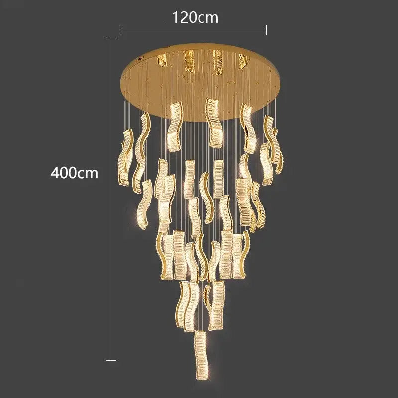 Golden decorbites crystal chandelier stair pendant light with cascading wave-shaped crystal pendants and brass fixture