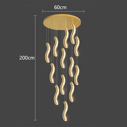 Gold-toned DecorBites crystal chandelier stair pendant light with cascading wave-shaped LED fixtures for modern interiors