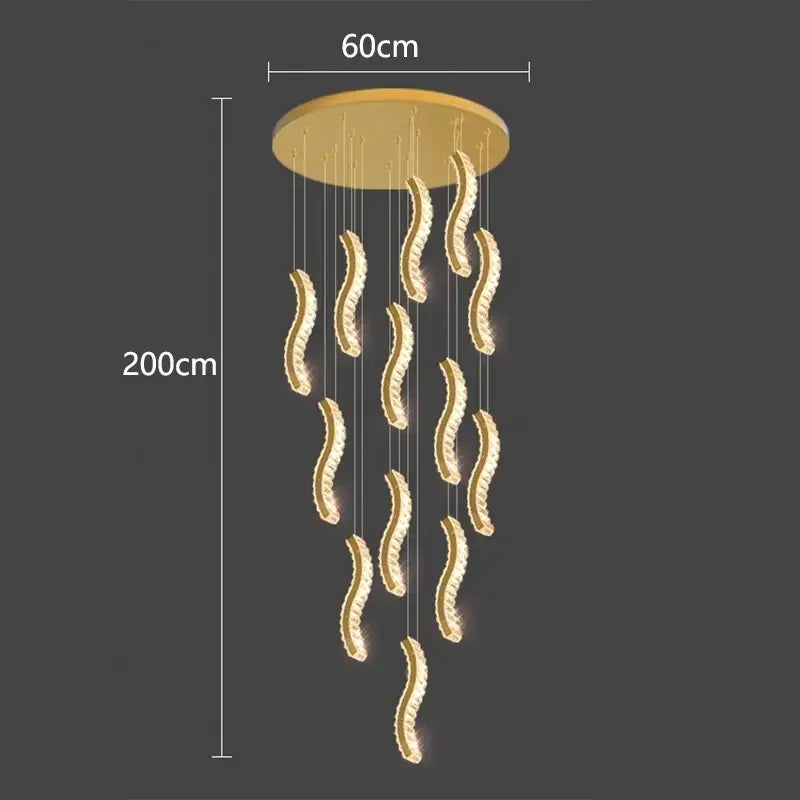 Gold-toned DecorBites crystal chandelier stair pendant light with cascading wave-shaped LED fixtures for modern interiors