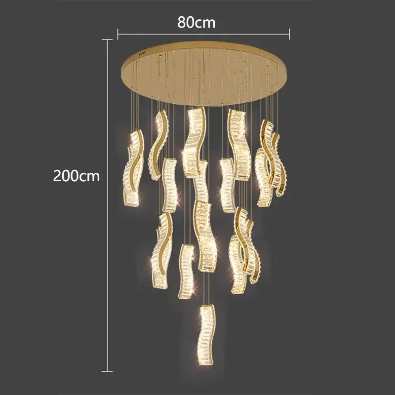 Gold-toned decorbites crystal chandelier stair pendant with cascading wave-shaped crystal pendants modern pendant light