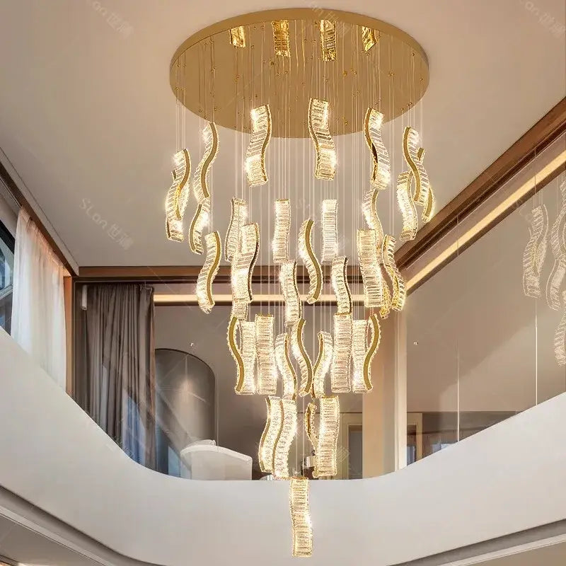 Golden crystal chandelier stair pendant light with cascading wave-shaped glass elements by decorbites