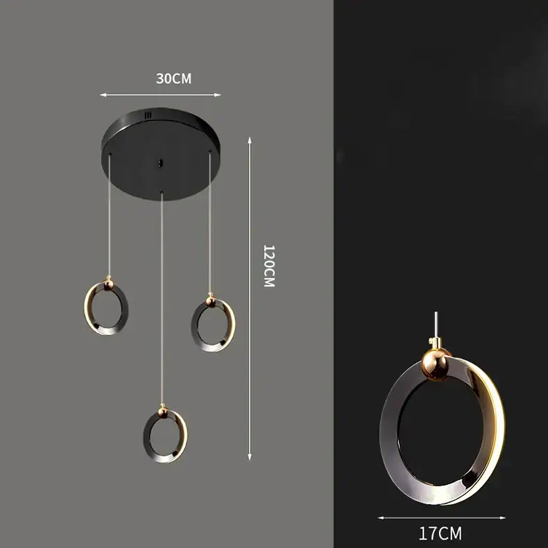 Modern minimalist decorbites crystal chandelier pendant light with three black and gold rings for living room decor