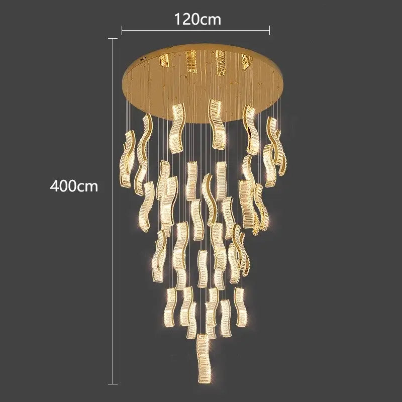Golden modern DecorBites crystal chandelier stair pendant with cascading crystal-like elements for living room lighting