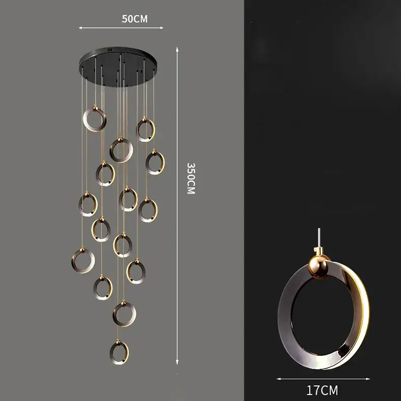 Modern decorbites crystal chandelier stair pendant with black and gold two-toned circular rings for living room lighting