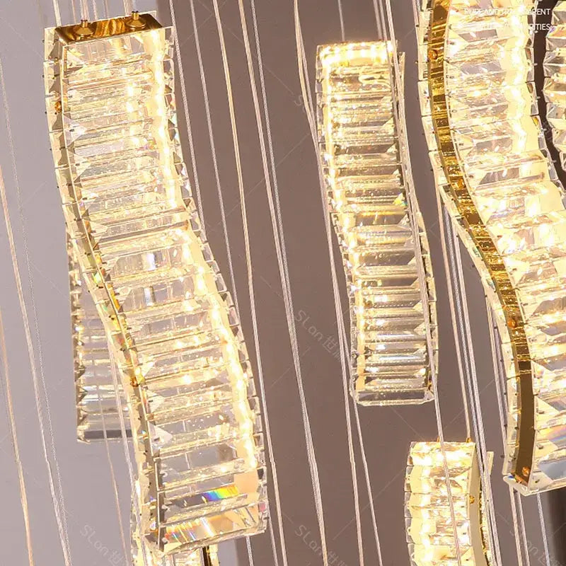 Golden-framed decorbites crystal chandelier stair pendant light with cascading rectangular prisms for modern interiors