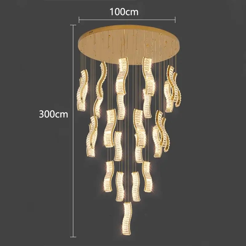 DecorBites crystal chandelier stair pendant light with modern gold-toned frame and cascading wave-shaped crystal pendants