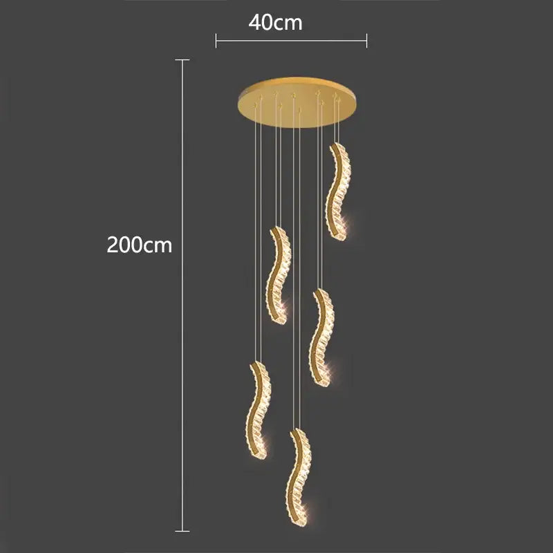 Gold-toned decorbites crystal chandelier pendant light with five curved crystal-encrusted fixtures for stair lighting